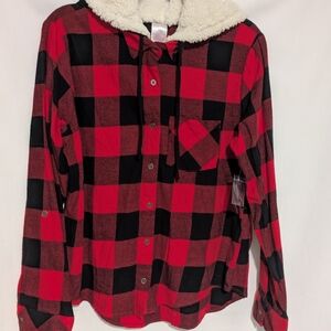 Red and Black Plaid Hooded Shirt
